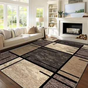Luxurious Velvet Area Mat – Beige & Brown Geometric Pattern